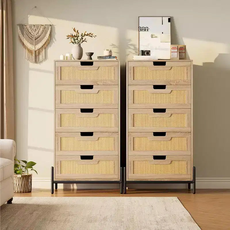 Cómoda de ratán con 5 cajones, cómoda de granja con patas de metal, armario de almacenamiento moderno para dormitorio, sala de estar, entrada