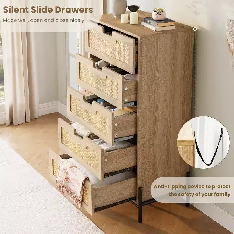Cómoda de ratán con 5 cajones, cómoda de granja con patas de metal, armario de almacenamiento moderno para dormitorio, sala de estar, entrada