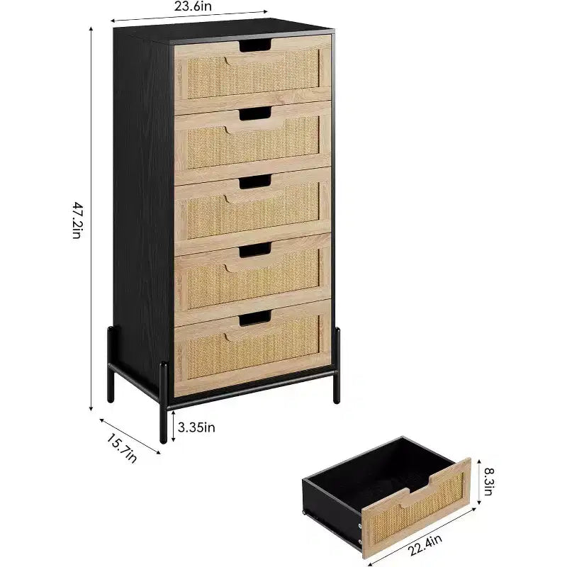 Cómoda de ratán con 5 cajones, cómoda de granja con patas de metal, armario de almacenamiento moderno para dormitorio, sala de estar, entrada