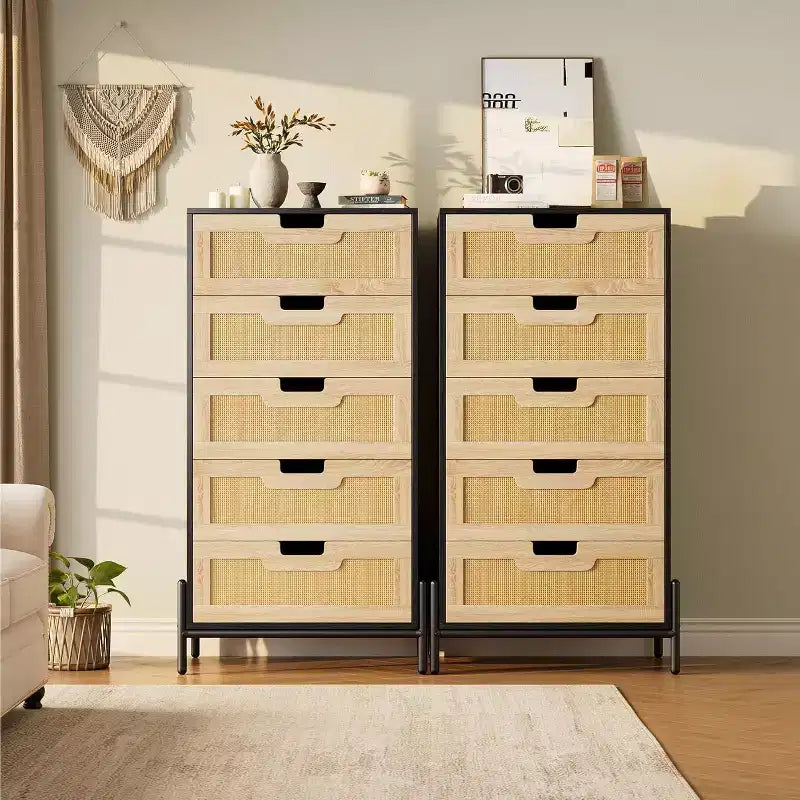 Cómoda de ratán con 5 cajones, cómoda de granja con patas de metal, armario de almacenamiento moderno para dormitorio, sala de estar, entrada