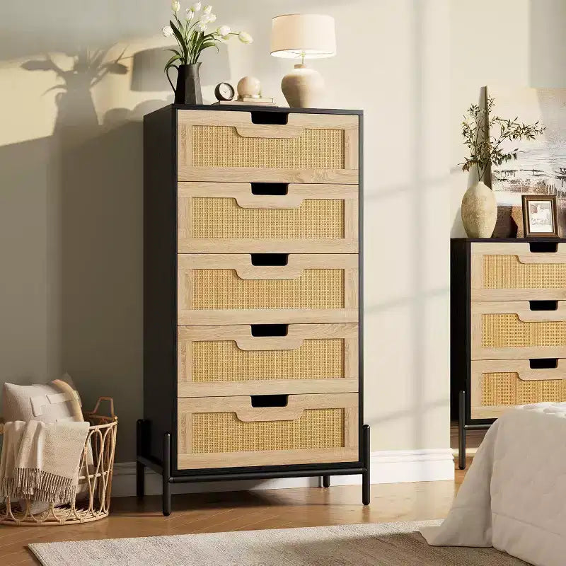 Cómoda de ratán con 5 cajones, cómoda de granja con patas de metal, armario de almacenamiento moderno para dormitorio, sala de estar, entrada