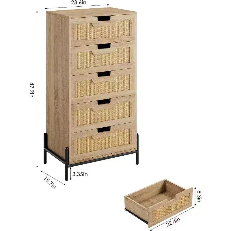 Cómoda de ratán con 5 cajones, cómoda de granja con patas de metal, armario de almacenamiento moderno para dormitorio, sala de estar, entrada