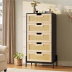 Acekool Rattan 5 Drawer Dresser, Farmhouse Chest with Metal Legs, Modern Storage Cabinet for Bedroom, Living Room, Entryway
