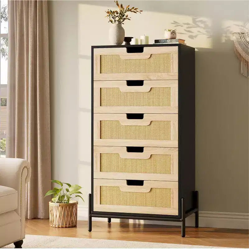 Acekool Rattan 5 Drawer Dresser, Farmhouse Chest with Metal Legs, Modern Storage Cabinet for Bedroom, Living Room, Entryway