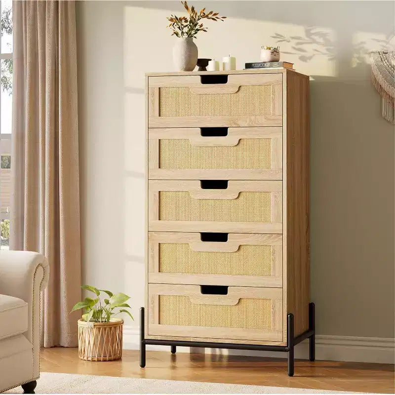 Cómoda de ratán con 5 cajones, cómoda de granja con patas de metal, armario de almacenamiento moderno para dormitorio, sala de estar, entrada