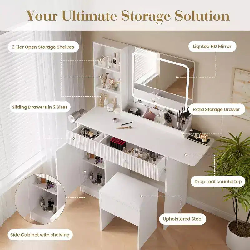 Tocador con espejo, cajones, gabinete, acceso de corriente y taburete de almacenamiento, mesa de maquillaje expandible para dormitorio