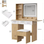 Tocador con espejo, cajones, gabinete, acceso de corriente y taburete de almacenamiento, mesa de maquillaje expandible para dormitorio