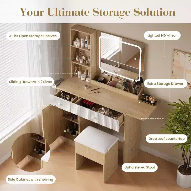 Tocador con espejo, cajones, gabinete, acceso de corriente y taburete de almacenamiento, mesa de maquillaje expandible para dormitorio