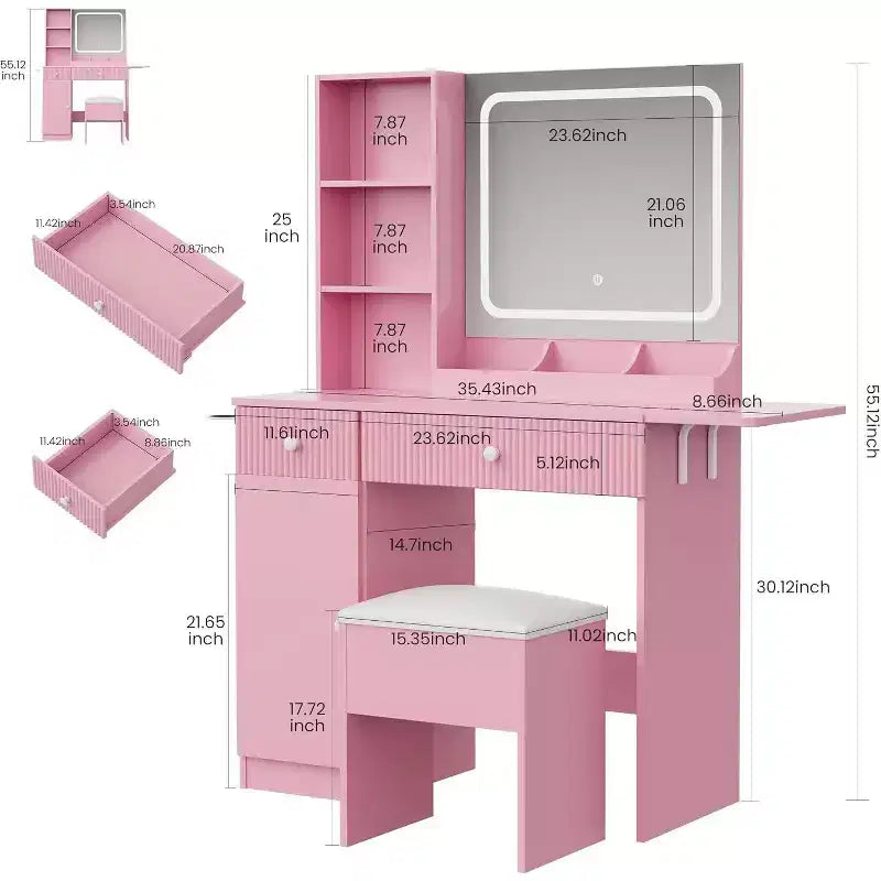 Tocador con espejo, cajones, gabinete, acceso de corriente y taburete de almacenamiento, mesa de maquillaje expandible para dormitorio