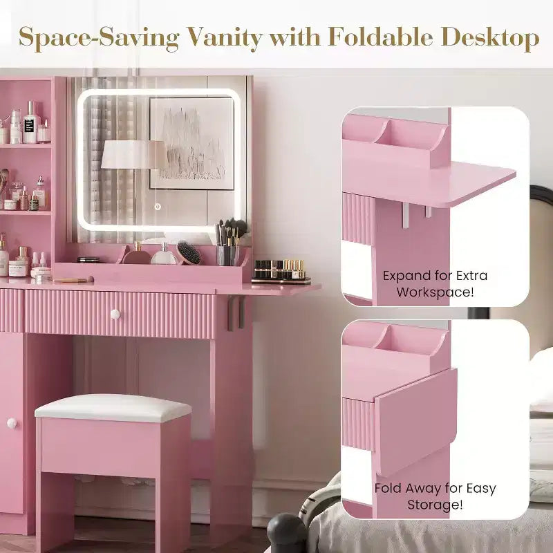 Tocador con espejo, cajones, gabinete, acceso de corriente y taburete de almacenamiento, mesa de maquillaje expandible para dormitorio