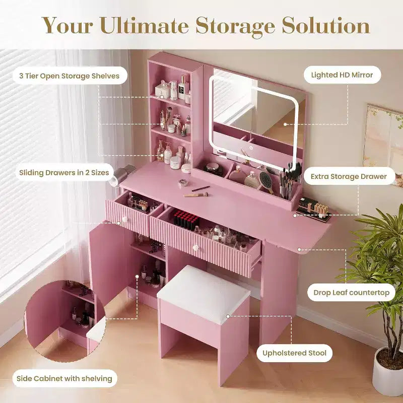 Tocador con espejo, cajones, gabinete, acceso de corriente y taburete de almacenamiento, mesa de maquillaje expandible para dormitorio