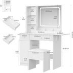 Tocador con espejo, cajones, gabinete, acceso de corriente y taburete de almacenamiento, mesa de maquillaje expandible para dormitorio