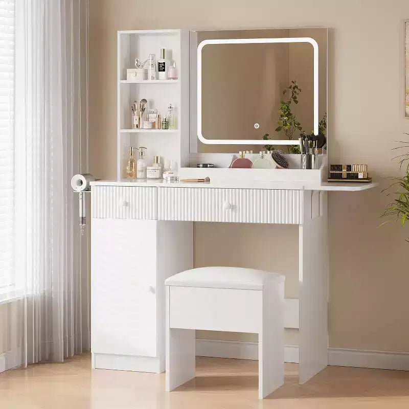 Tocador con espejo, cajones, gabinete, acceso de corriente y taburete de almacenamiento, mesa de maquillaje expandible para dormitorio