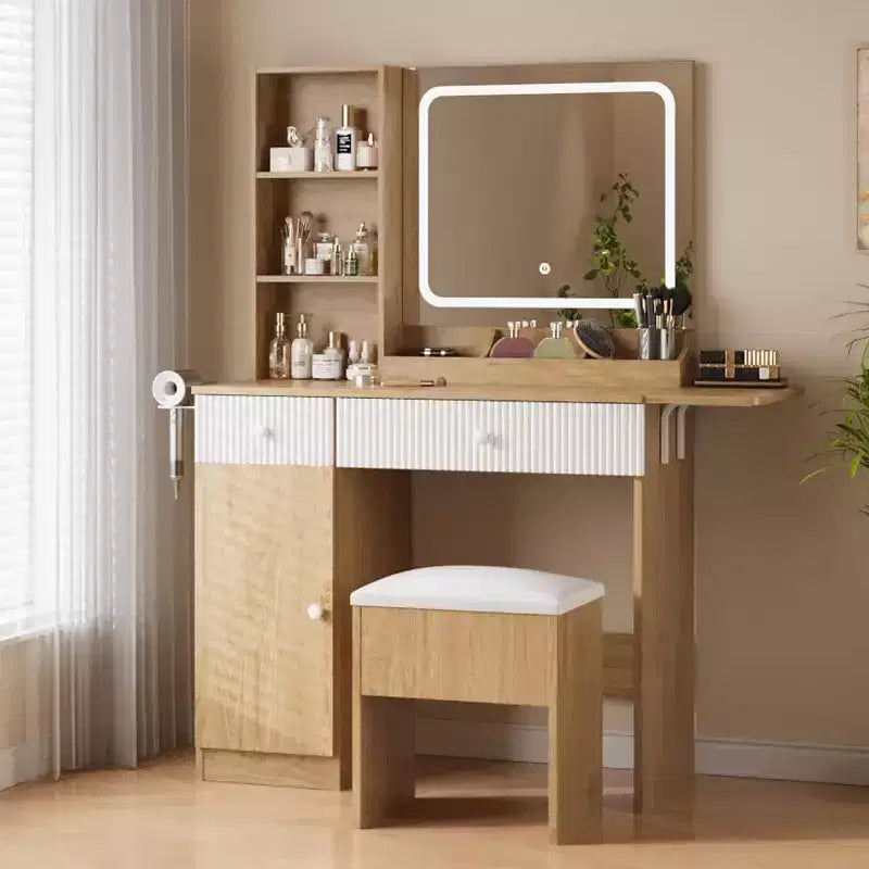 Tocador con espejo, cajones, gabinete, acceso de corriente y taburete de almacenamiento, mesa de maquillaje expandible para dormitorio