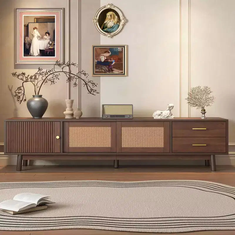 Mueble de TV Moderno de Mediados de Siglo para televisores de 80", Centro de Entretenimiento con Puertas Correderas y Cajones para Sala de Estar
