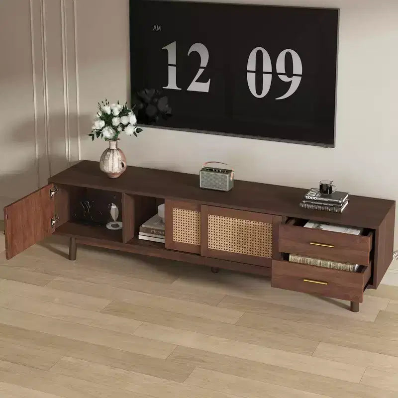 Mueble de TV Moderno de Mediados de Siglo para televisores de 80", Centro de Entretenimiento con Puertas Correderas y Cajones para Sala de Estar