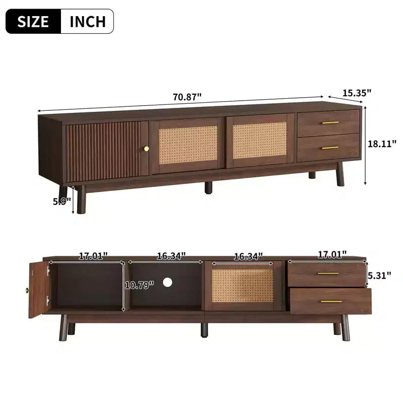 Mueble de TV Moderno de Mediados de Siglo para televisores de 80", Centro de Entretenimiento con Puertas Correderas y Cajones para Sala de Estar