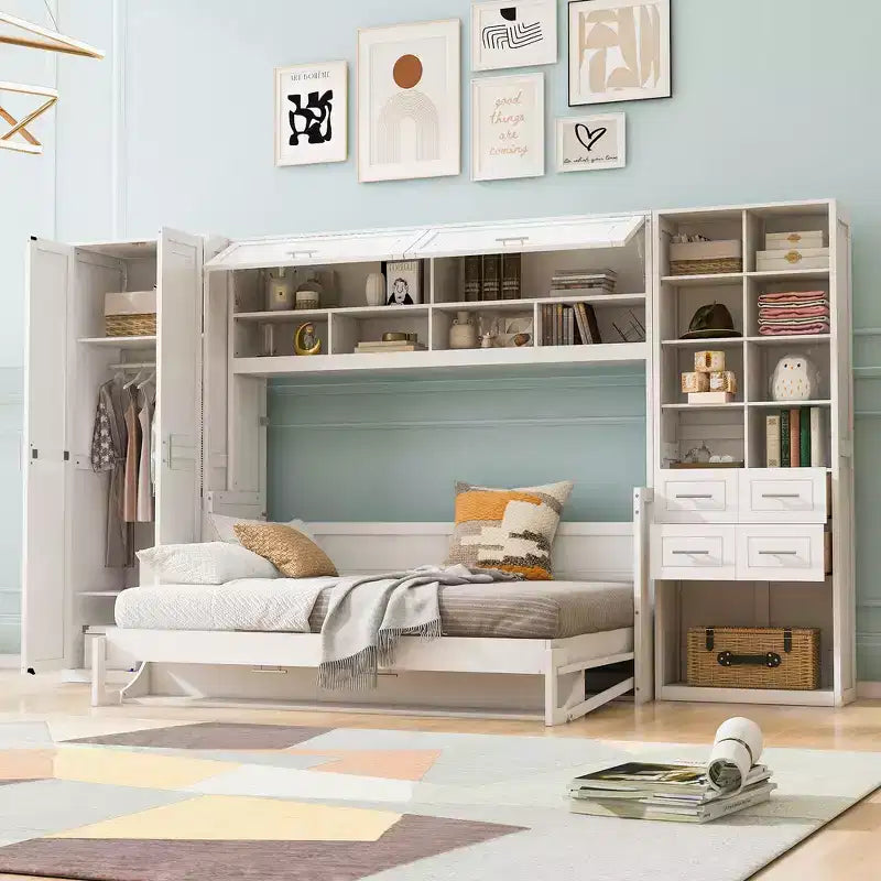 Whisen Full Size Murphy Bed & Wall Bed with Closet , Drawers and Shelves