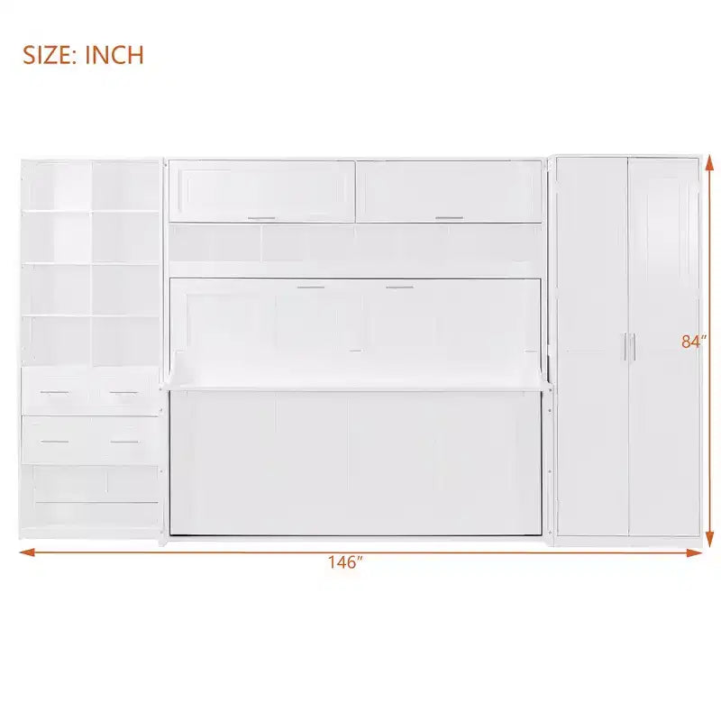 Cama Murphy y Cama de Pared de Tamaño Completo con Armario, Cajones y Estantes