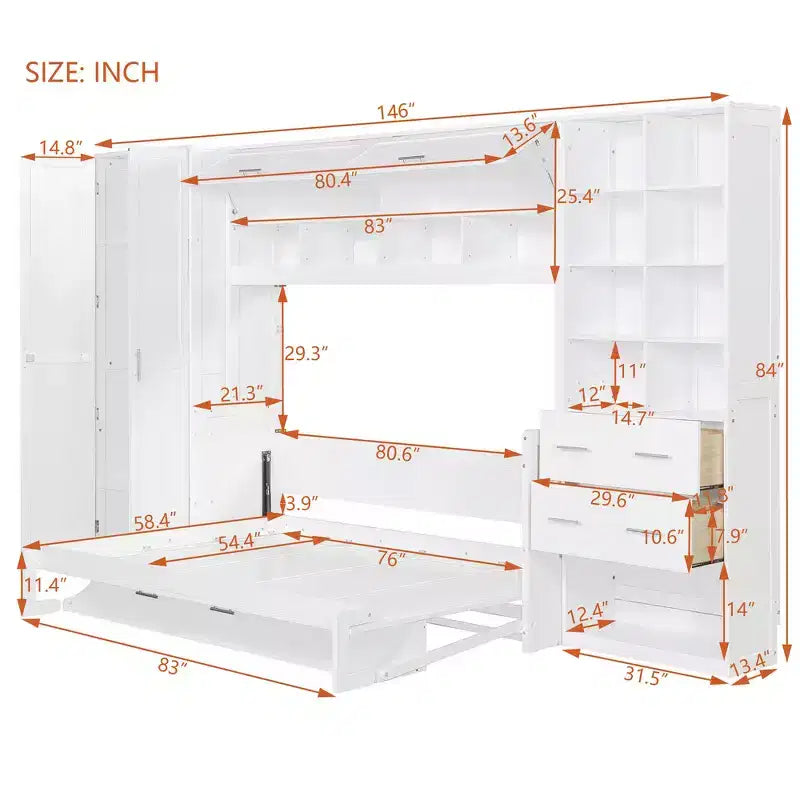 Cama Murphy y Cama de Pared de Tamaño Completo con Armario, Cajones y Estantes