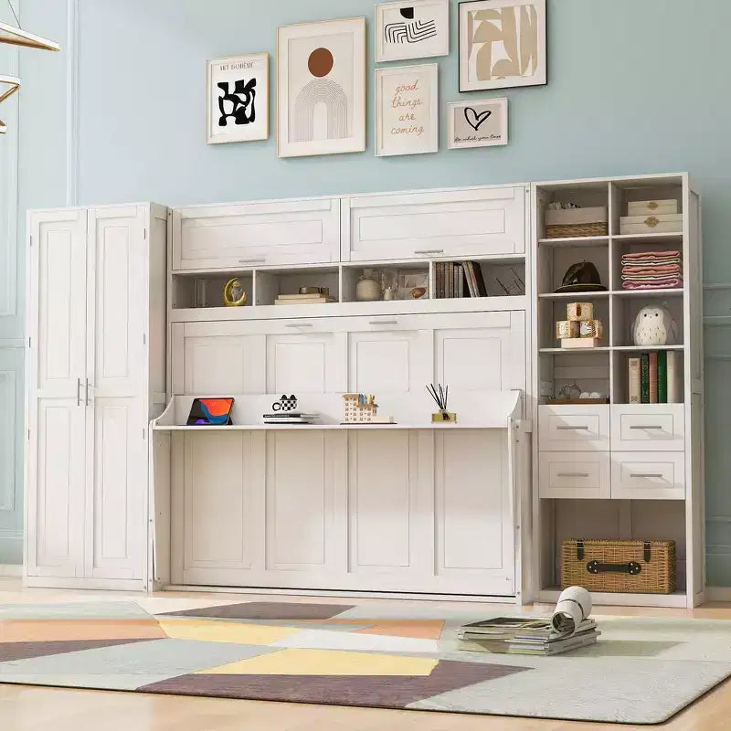 Cama Murphy y Cama de Pared de Tamaño Completo con Armario, Cajones y Estantes