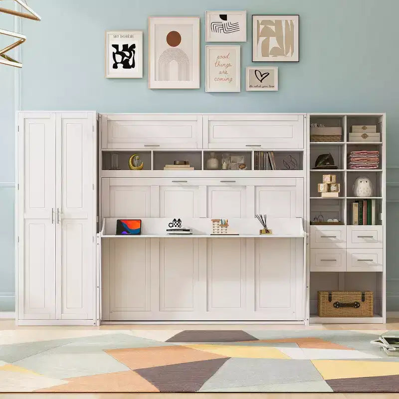 Cama Murphy y Cama de Pared de Tamaño Completo con Armario, Cajones y Estantes