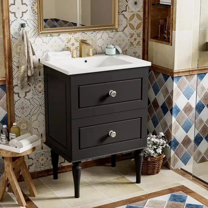 Tocador de baño pequeño de 24 pulgadas con lavabo, mueble de baño con cajones, negro
