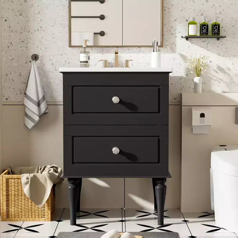 Tocador de baño pequeño de 24 pulgadas con lavabo, mueble de baño con cajones, negro