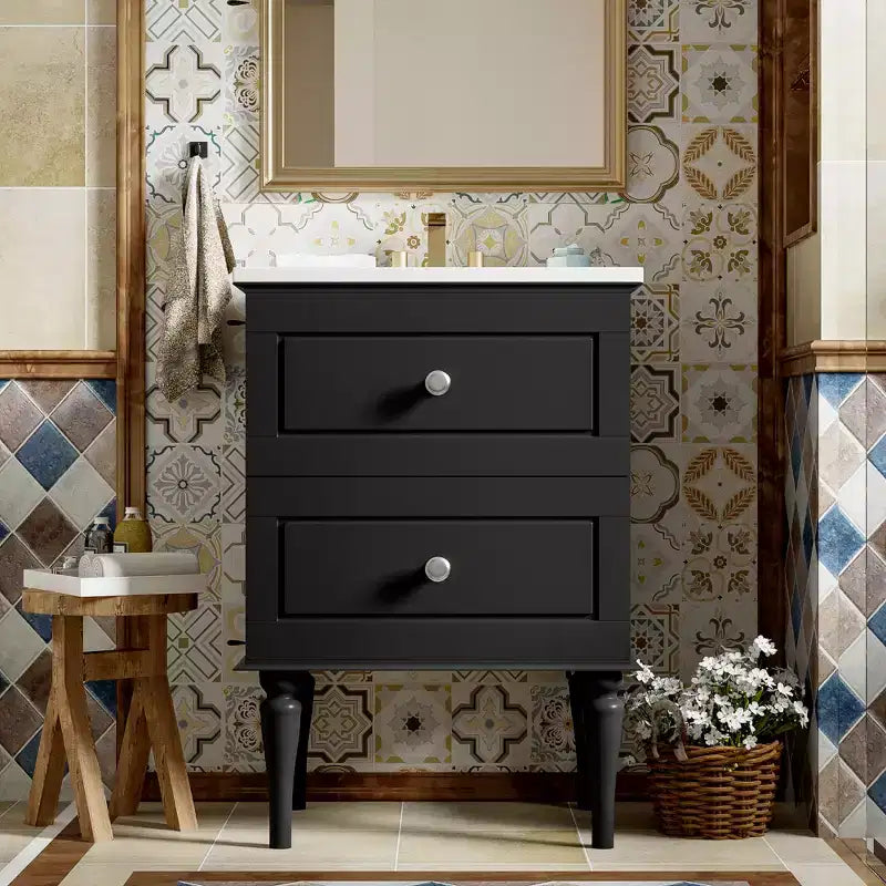 Tocador de baño pequeño de 24 pulgadas con lavabo, mueble de baño con cajones, negro