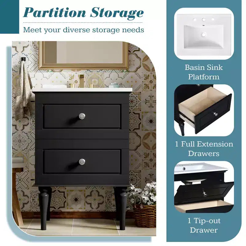 Tocador de baño pequeño de 24 pulgadas con lavabo, mueble de baño con cajones, negro