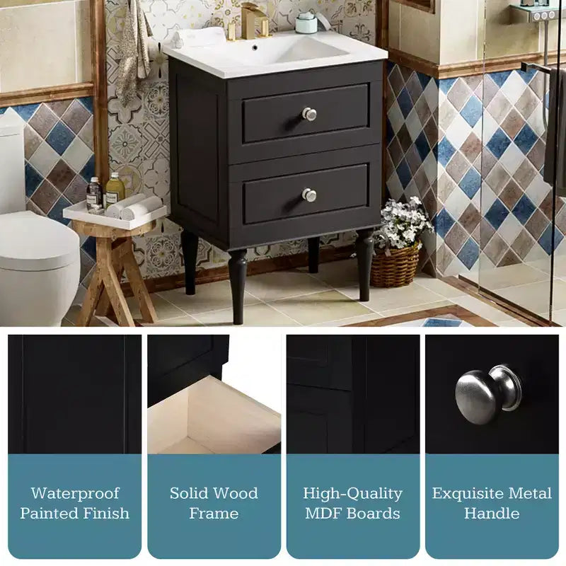Tocador de baño pequeño de 24 pulgadas con lavabo, mueble de baño con cajones, negro
