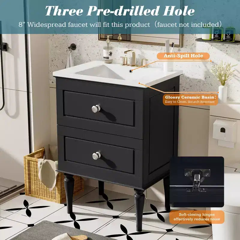 Tocador de baño pequeño de 24 pulgadas con lavabo, mueble de baño con cajones, negro