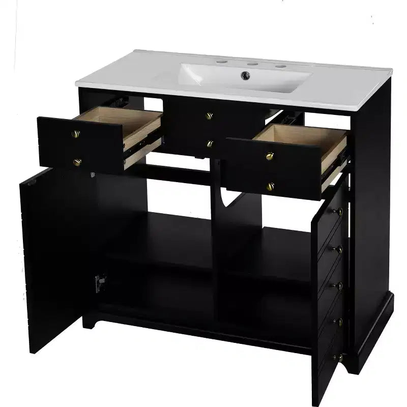 Mueble de baño de 36 pulgadas con lavabo, gabinete de almacenamiento para baño con cajones, tocador de baño de un solo lavabo con puertas de cierre suave