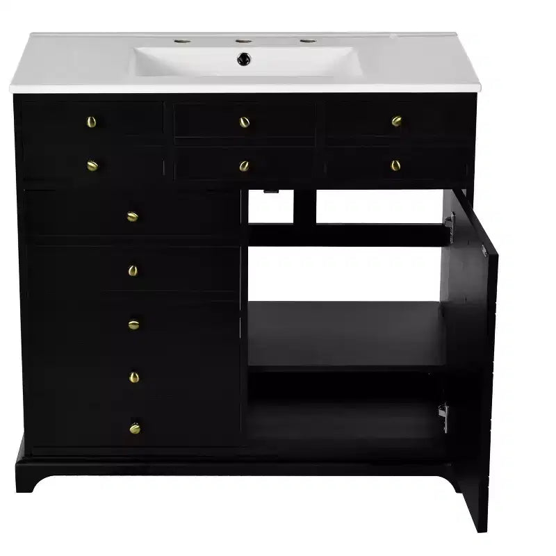 Mueble de baño de 36 pulgadas con lavabo, gabinete de almacenamiento para baño con cajones, tocador de baño de un solo lavabo con puertas de cierre suave