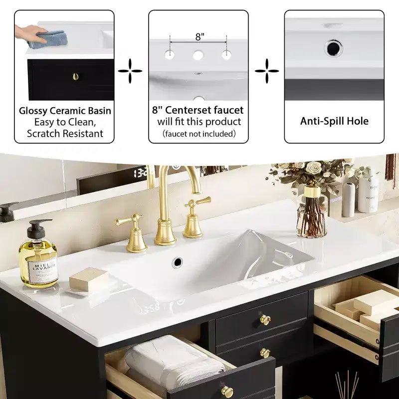 Mueble de baño de 36 pulgadas con lavabo, gabinete de almacenamiento para baño con cajones, tocador de baño de un solo lavabo con puertas de cierre suave