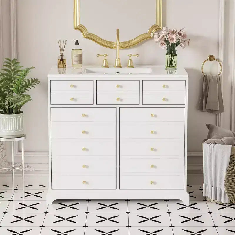 Mueble de baño de 36 pulgadas con lavabo, gabinete de almacenamiento para baño con cajones, tocador de baño de un solo lavabo con puertas de cierre suave