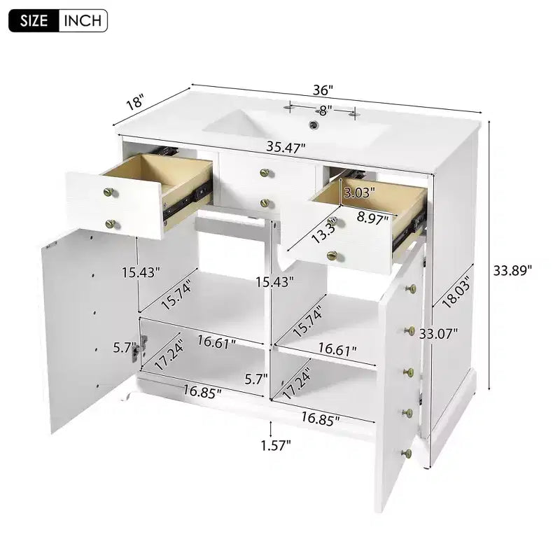 Mueble de baño de 36 pulgadas con lavabo, gabinete de almacenamiento para baño con cajones, tocador de baño de un solo lavabo con puertas de cierre suave