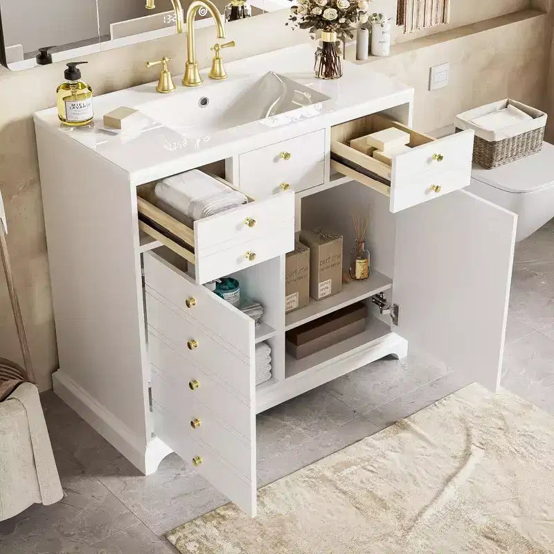 Mueble de baño de 36 pulgadas con lavabo, gabinete de almacenamiento para baño con cajones, tocador de baño de un solo lavabo con puertas de cierre suave
