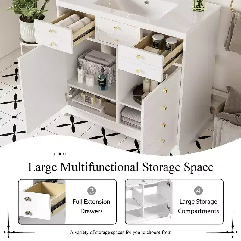 Mueble de baño de 36 pulgadas con lavabo, gabinete de almacenamiento para baño con cajones, tocador de baño de un solo lavabo con puertas de cierre suave