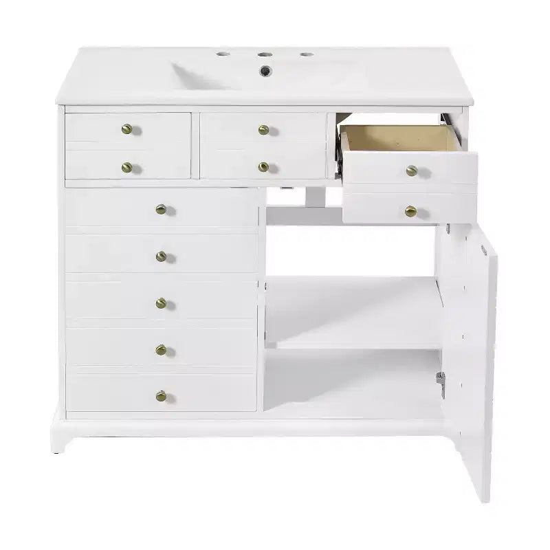 Mueble de baño de 36 pulgadas con lavabo, gabinete de almacenamiento para baño con cajones, tocador de baño de un solo lavabo con puertas de cierre suave