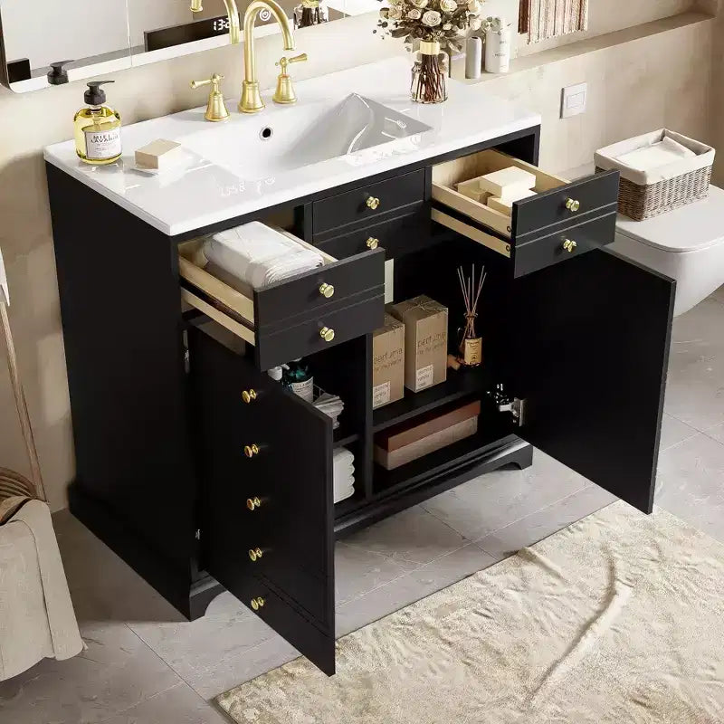 Mueble de baño de 36 pulgadas con lavabo, gabinete de almacenamiento para baño con cajones, tocador de baño de un solo lavabo con puertas de cierre suave