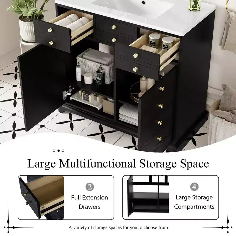 Mueble de baño de 36 pulgadas con lavabo, gabinete de almacenamiento para baño con cajones, tocador de baño de un solo lavabo con puertas de cierre suave
