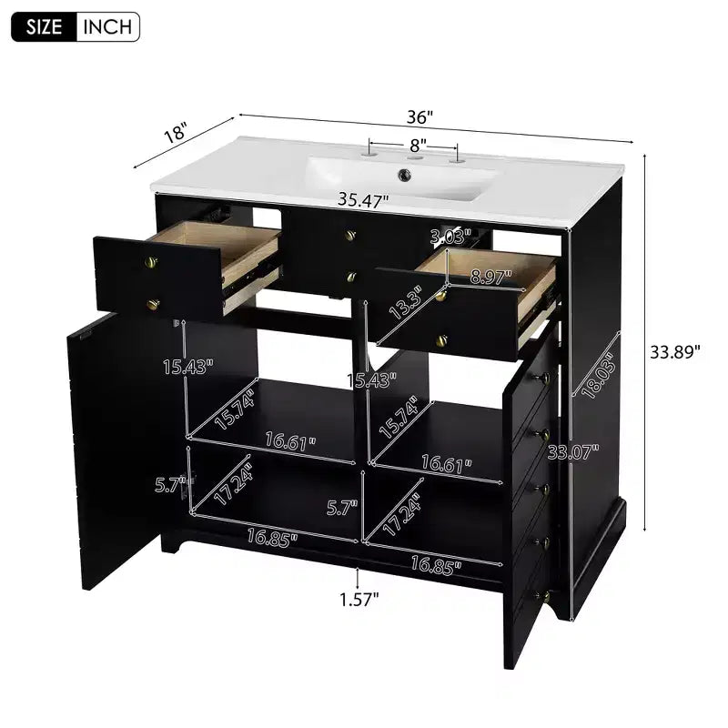 Mueble de baño de 36 pulgadas con lavabo, gabinete de almacenamiento para baño con cajones, tocador de baño de un solo lavabo con puertas de cierre suave