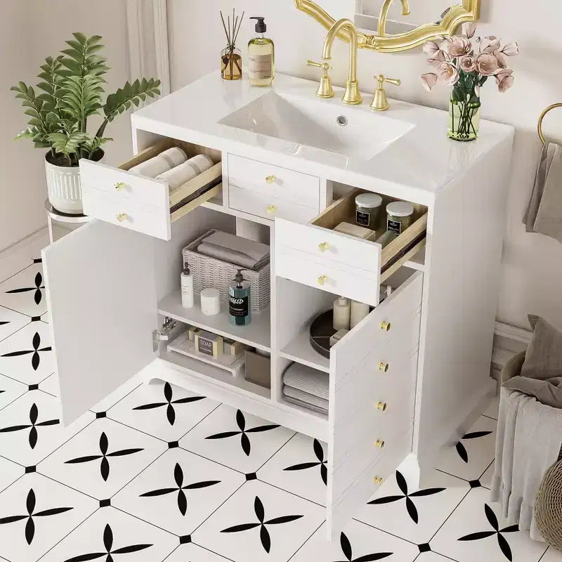 Mueble de baño de 36 pulgadas con lavabo, gabinete de almacenamiento para baño con cajones, tocador de baño de un solo lavabo con puertas de cierre suave