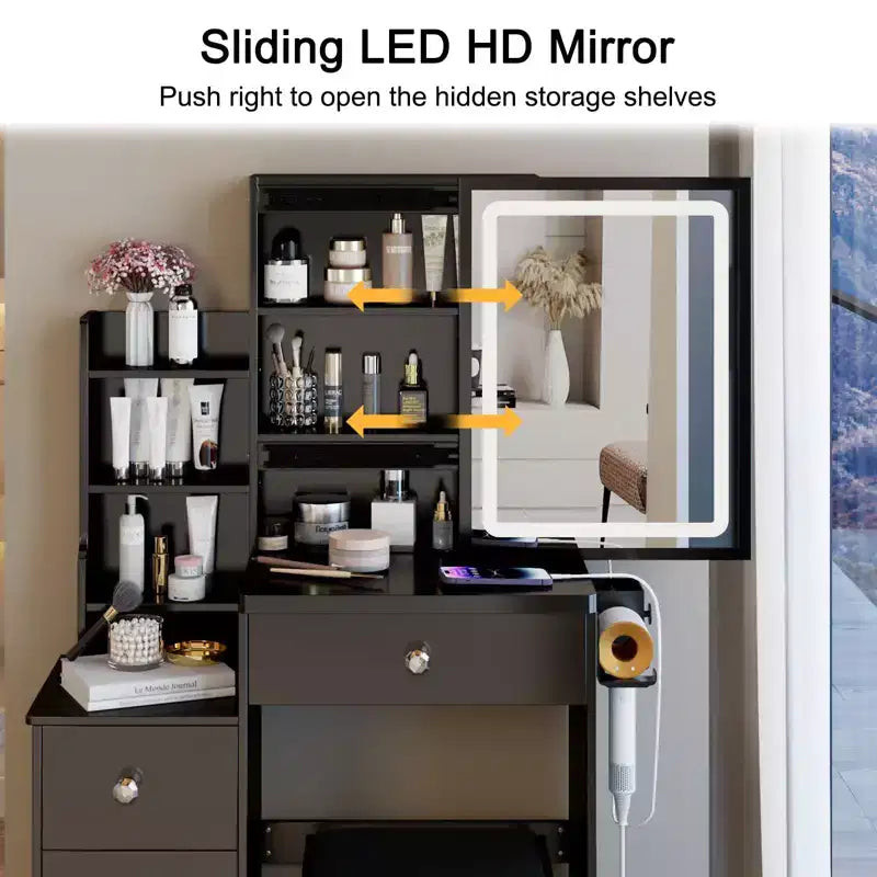 Tocador pequeño con espejo y luces, cajones y estantes para maquillaje, tocador con 3 modos de iluminación ajustable, tocador.