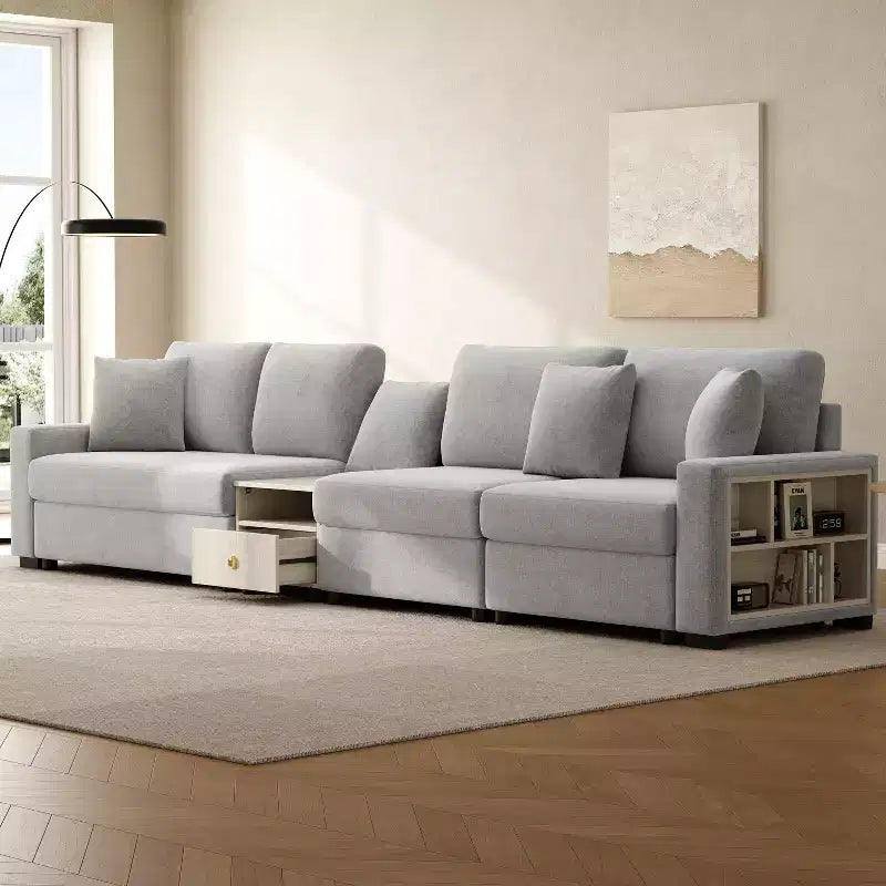 Sofá Seccional Moderno de Chenilla de 336.5 cm con Consola, Reposabrazos de Almacenamiento y Cojines Esponjosos para 4 Asientos