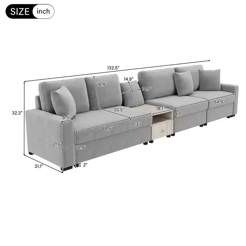 Sofá Seccional Moderno de Chenilla de 336.5 cm con Consola, Reposabrazos de Almacenamiento y Cojines Esponjosos para 4 Asientos