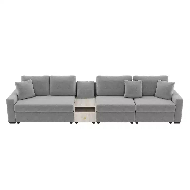 Sofá Seccional Moderno de Chenilla de 336.5 cm con Consola, Reposabrazos de Almacenamiento y Cojines Esponjosos para 4 Asientos