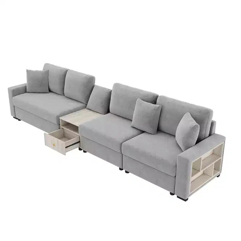 Sofá Seccional Moderno de Chenilla de 336.5 cm con Consola, Reposabrazos de Almacenamiento y Cojines Esponjosos para 4 Asientos