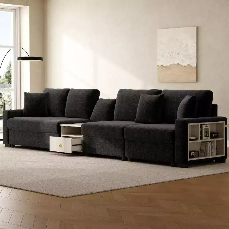 Sofá Seccional Moderno de Chenilla de 336.5 cm con Consola, Reposabrazos de Almacenamiento y Cojines Esponjosos para 4 Asientos